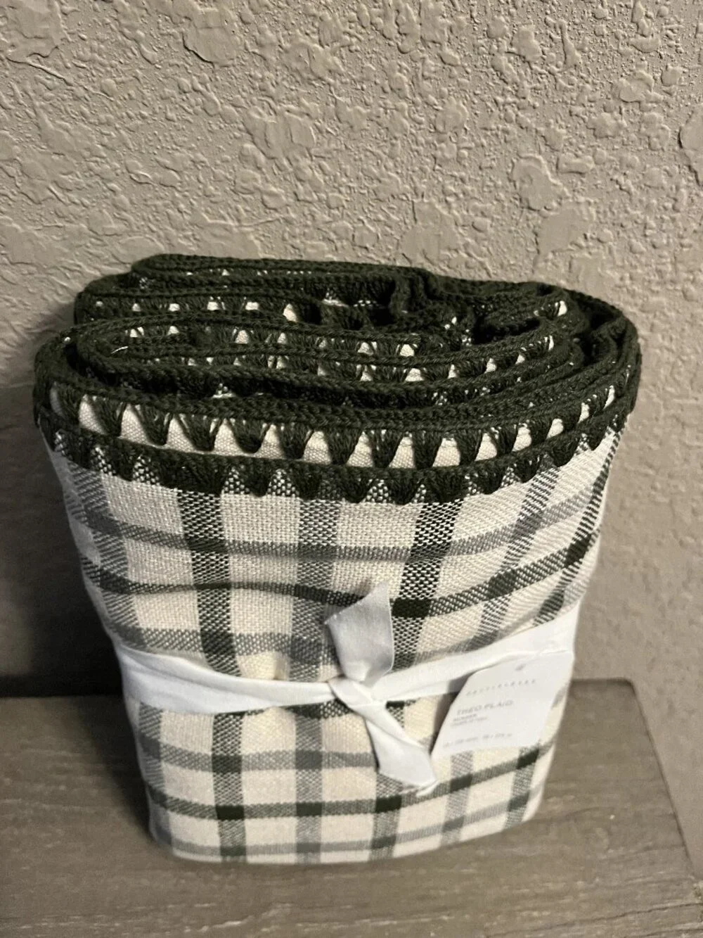 Pottery Barn Theo Plaid Green & Ivory Table Runner 18 x 108